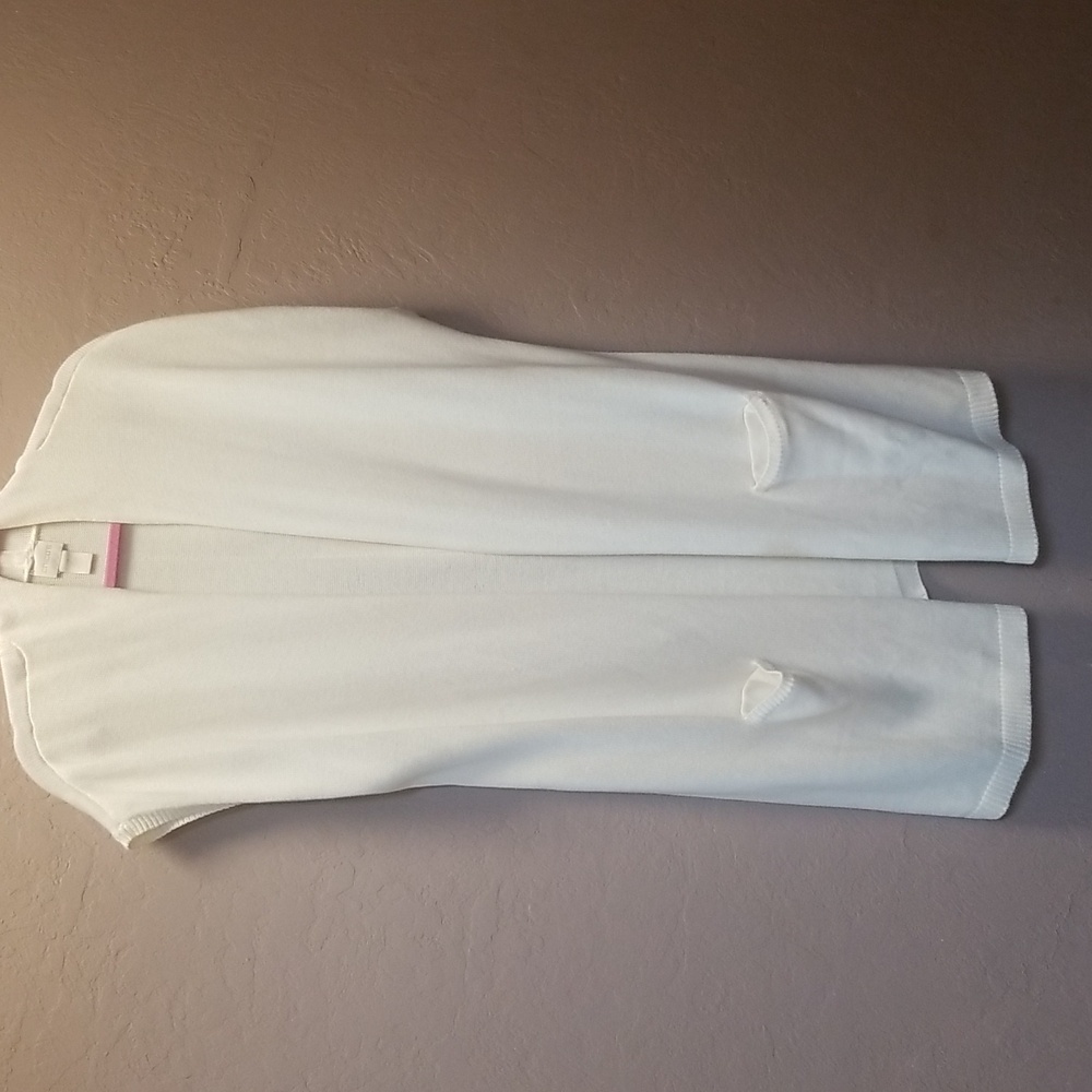 CHICO'S Off White Sz 2 Cap Sleeve 39" Length Cardigan Sweater EUC CL#89